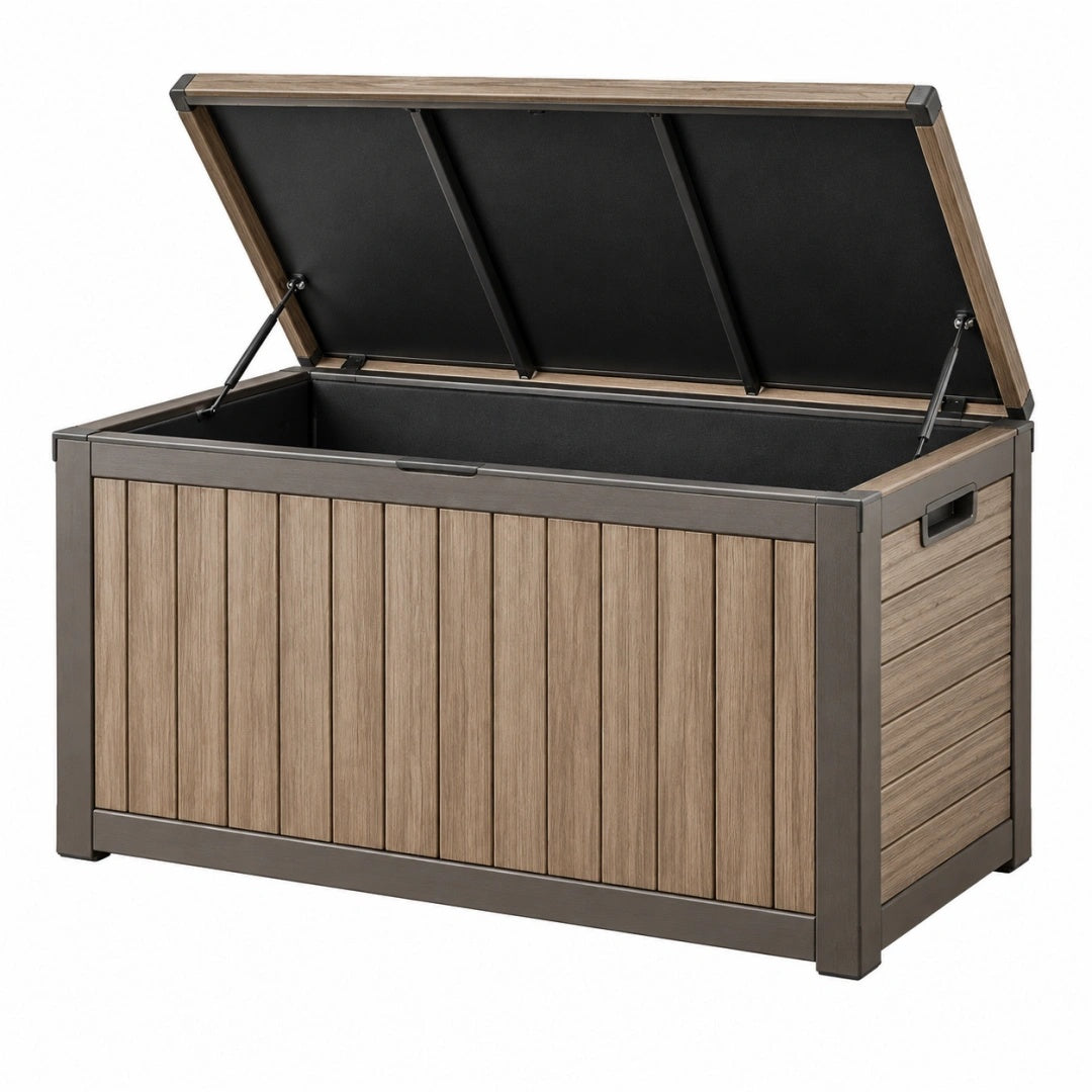 Garten-Aufbewahrungsbox 120 x 60 x 65 cm Aluminium/Kunststoff Braun/Anthrazit mit Klappdeckel