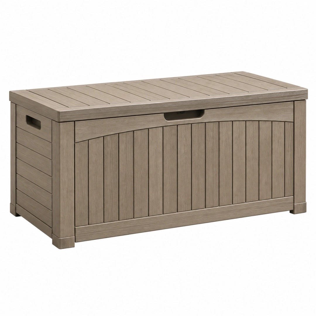 Aufbewahrungsbox 120 x 60 x 63 cm Kunststoff Taupe Holzoptik für den Außenbereich