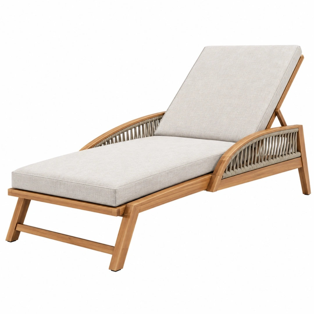 Gartenliege 205 x 75 x 90 cm aus Holz und Kordel in Naturbeige mit verstellbarer Rückenlehne