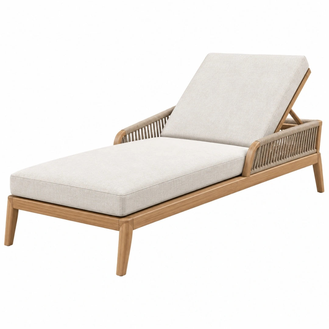 Gartenliege 200 x 75 x 85 cm aus Holz in Natur mit beigem Textilbezug und Seilgeflecht