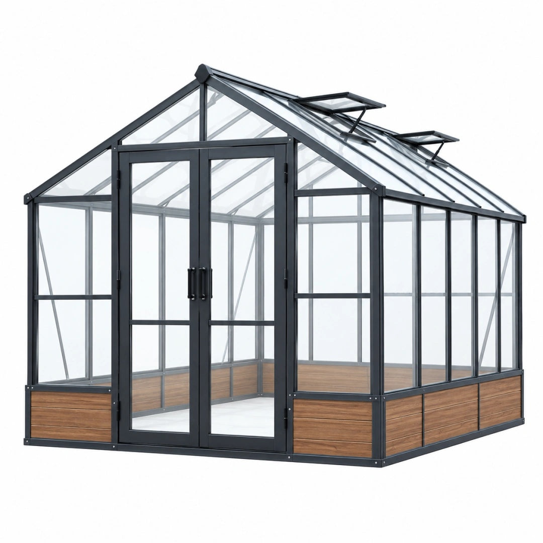 Gewächshaus 240 x 190 x 240 cm Aluminium Schwarz Transparent mit Doppeltür und Dachfenstern