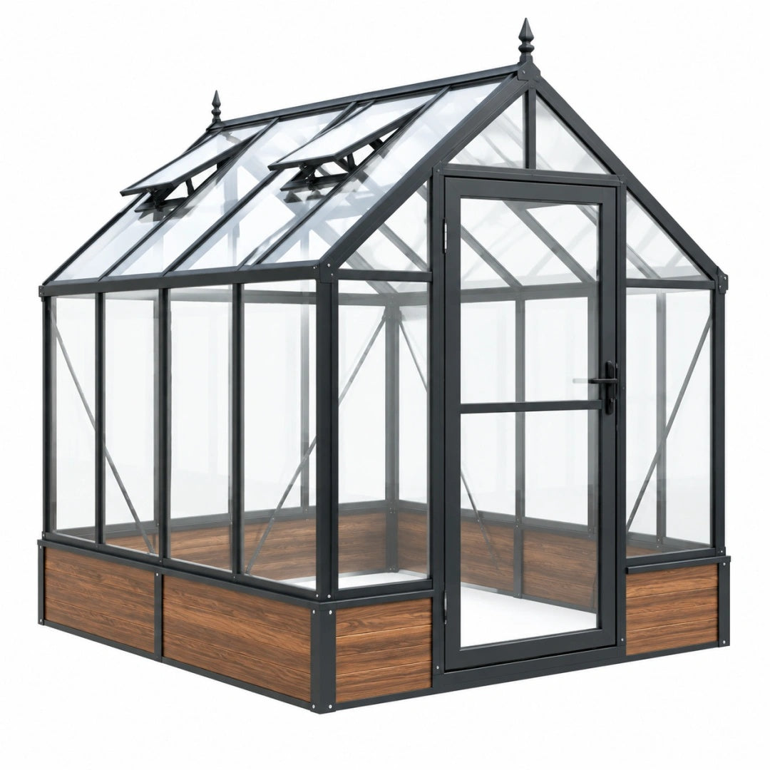 Gewächshaus 190 x 190 x 240 cm aus Aluminium und Glas in Schwarz Braun mit Dachfenstern