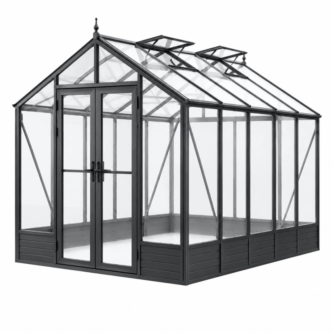 Gewächshaus 250 x 190 x 220 cm schwarzer Metallrahmen transparente Paneele mit Doppeltür und Dachfenstern