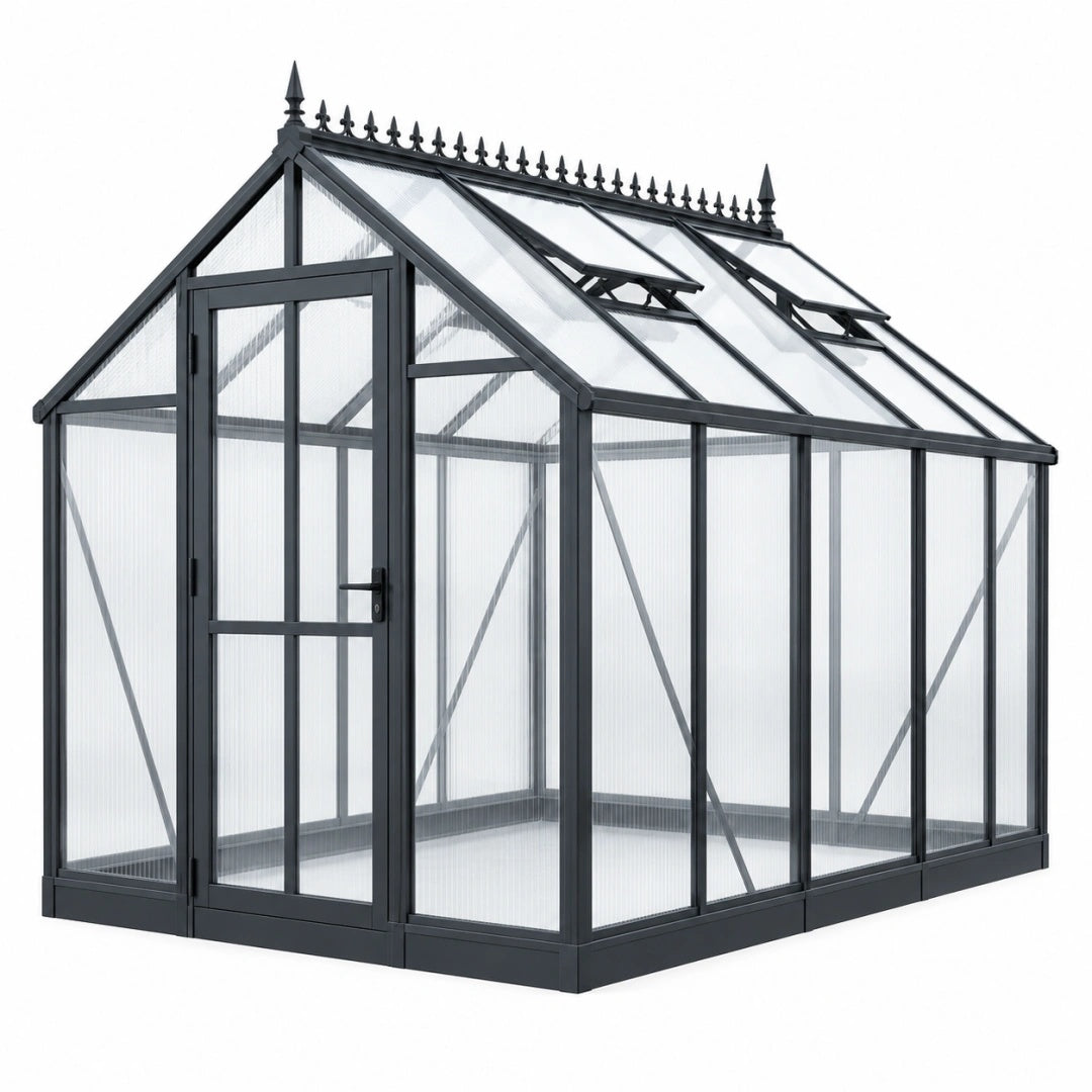 Gewächshaus 240 x 190 x 230 cm Aluminium Schwarz mit Polycarbonatplatten und Dachfenstern