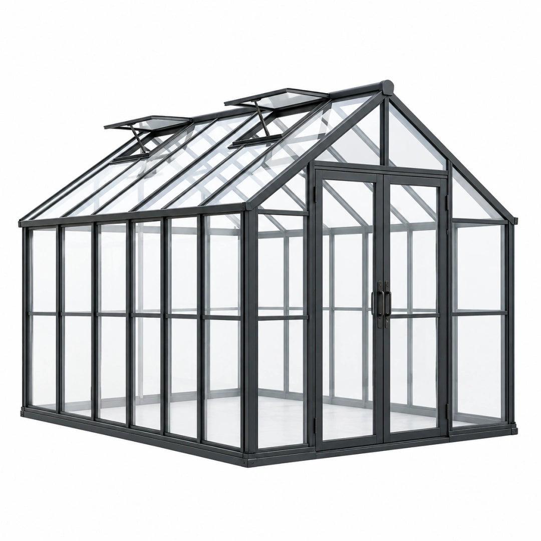 Gewächshaus 300 x 240 x 240 cm Aluminium Schwarz mit transparenten Paneelen - freistehend mit Doppeltür und Dachfenstern