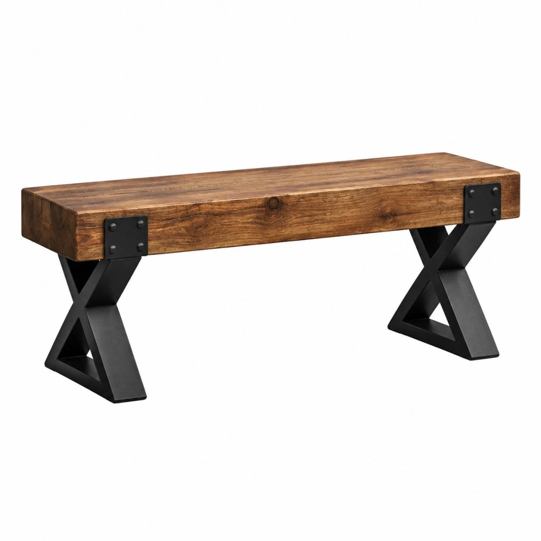 Sitzbank 120 x 35 x 45 cm Holz Braun mit schwarzem Metallgestell im Industrial-Stil