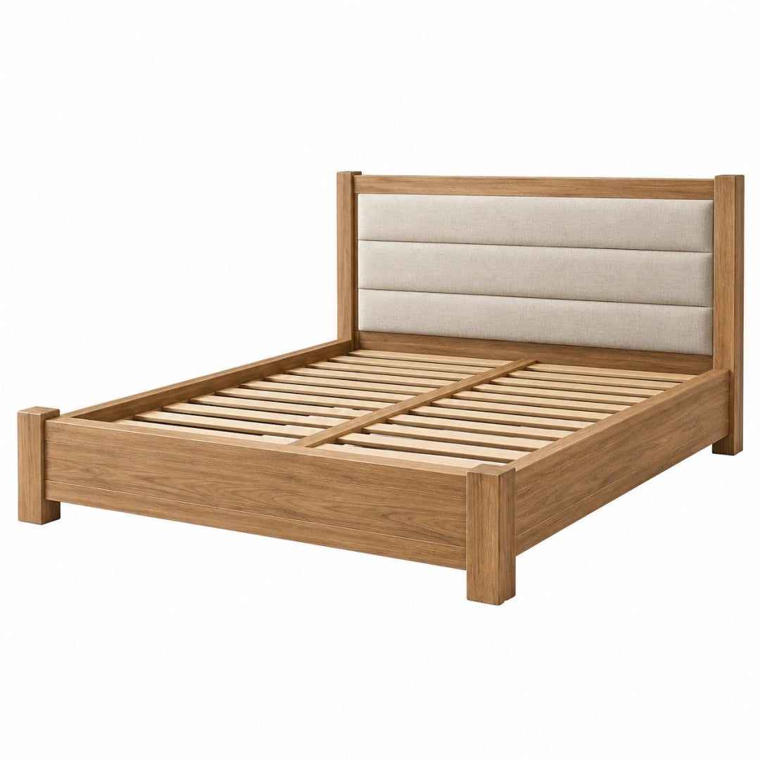 Doppelbett 160 x 200 cm Holz Natur mit gepolstertem Kopfteil und Lattenrost modern