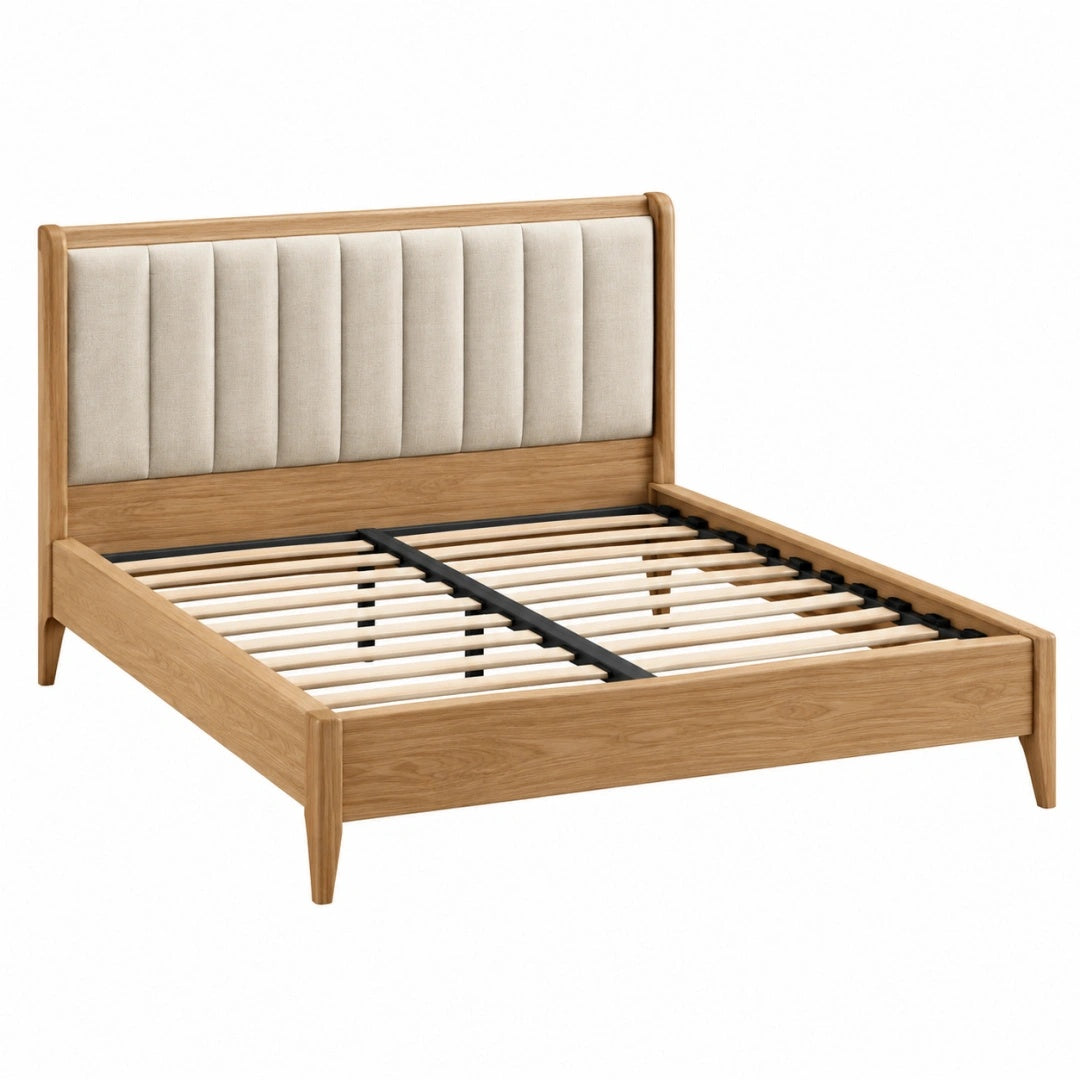 Bettgestell 160 x 200 cm Holz Beige gepolstertes Kopfteil modern